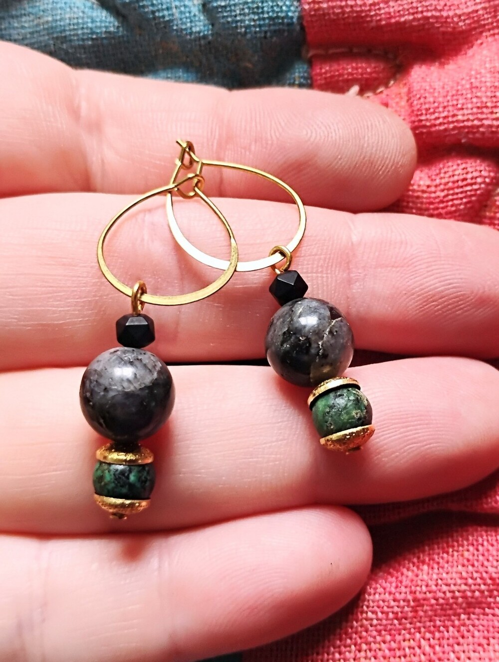Black Moonstone and African Turquoise Charm Hoops